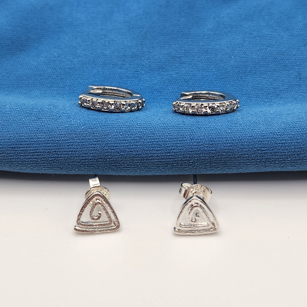 Silver Tone Triangle Swirl Stud Earrings and Crystal Hoop Earrings Set - Picture 7 of 7